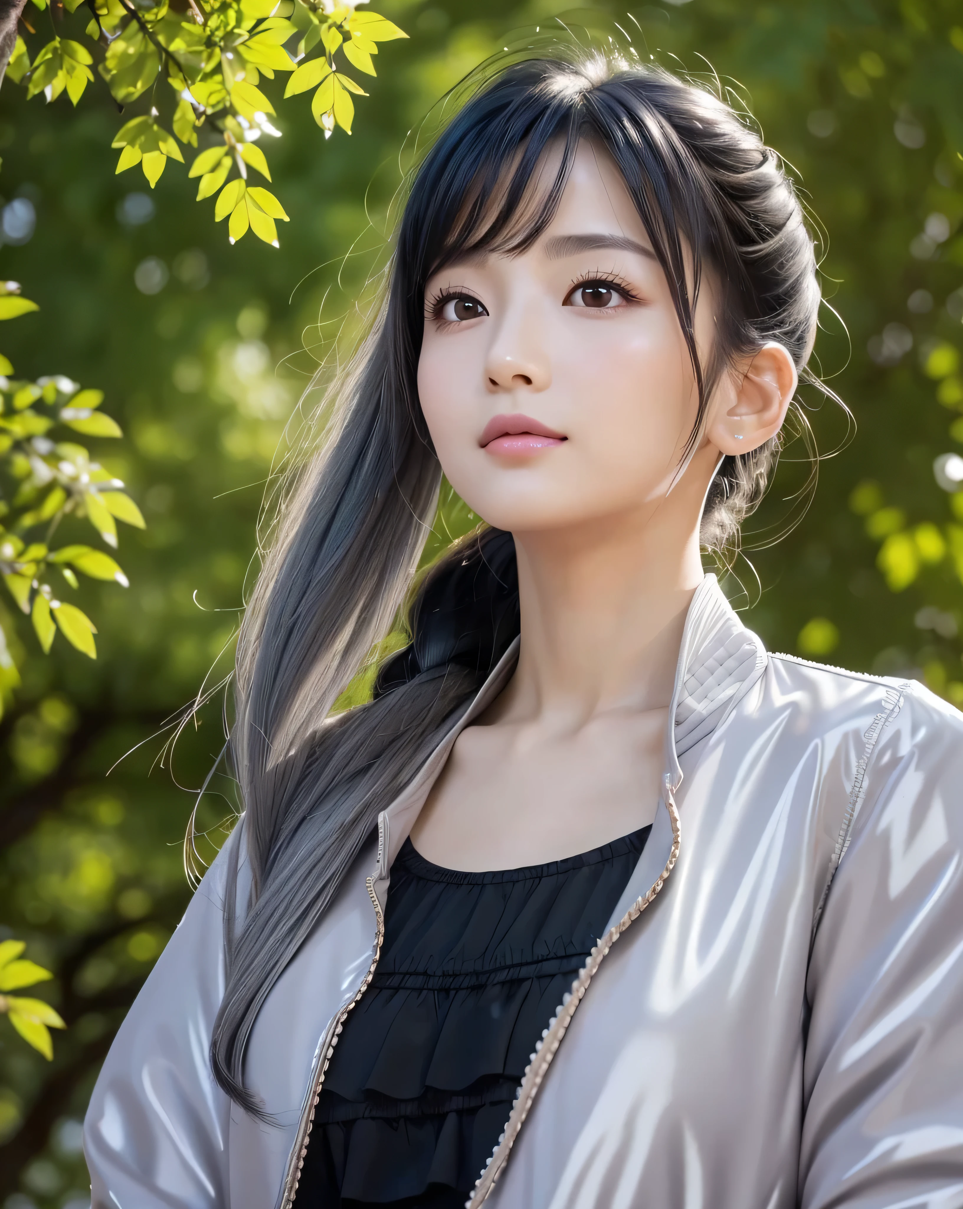 (highest quality), ((32k)), (High resolution), (Masterpiece:1.5), marimo_jet, god々A photograph with brilliant dazzling and healing power., ((Illuminated by the strong light of midsummer)), Evoking a sense of calm and elusive beauty, Expressing emotions, Have a rich imagination, Beautiful Japanese Girls, ((Low angle bust shot:1.4)), Beautiful perfect fingers, Charisma, An exceptionally beautiful face, Small Face Beauty, Perfect Human Anatomy, Magical big eyes, Deep Love, fleeting smile, Motherhood and generosity, ((Shiny black hair:1.3), (Beautiful ponytail)), Asymmetrical bangs, Hair between the eyes, Transparent, soft white skin, Sharp eyebrows, Thin lashes, Natural Makeup, Cheek highlighter, Pale pink detailed lips, ((Grey jacket:1.4)), White cutter shirt with red tie, University courtyard, Detailed summer sky, Slim figure with ample breasts, High resolutionの美しい太もも, Hair that shines in the gentle sunlight, Professional Lighting, Professional Photographer, Professional Model, God's Secret