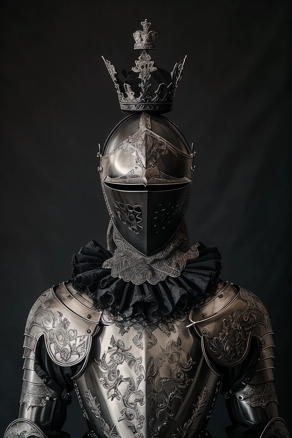 LaceArmor, armor, helmet, solo, shoulder armor, upper body, 1other, helm, pauldrons, full armor, breastplate, knight, crown, ambiguous gender, monochrome, greyscale, facing viewer, gauntlets, ascot, black background, chainmail

