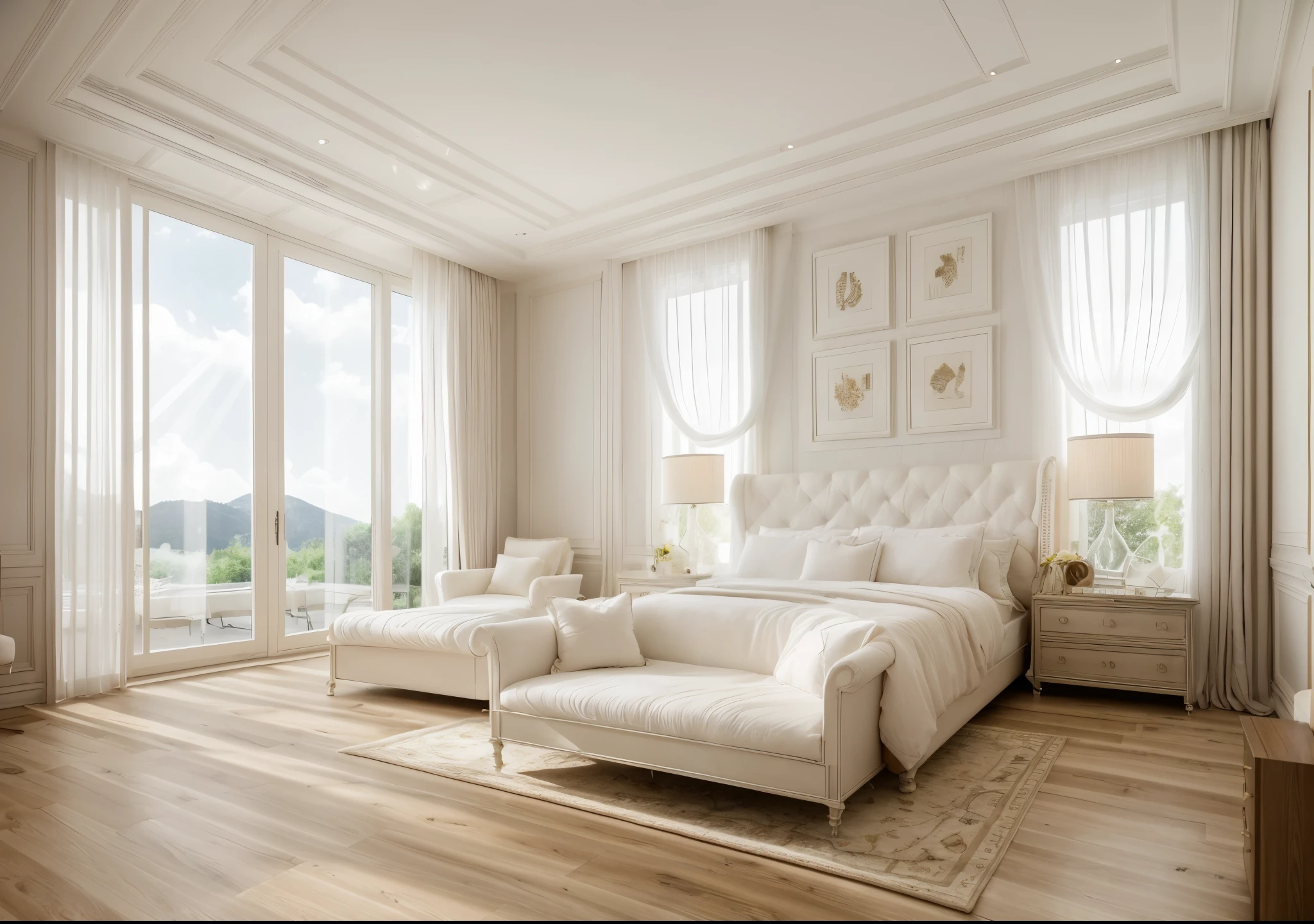 luxurious bedroom interior design, wood floor, rug, luxurious bed, glass window, glass door, lamp, picture frame, wooden cabinet, white curtain, white ceiling, (masterpiece), realistic, high quality, softlight, natural contrast, scenery,(luxury)