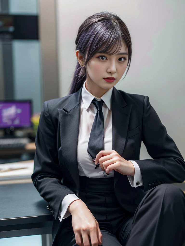 Beautiful woman, 25 years old, high ponytail, bright purple hair (like bright silver), perfect purple hair, Beautiful breasts, (Realistic skin),elegant upper class wearing a black pantsuit, black jacket, white shirt, cleavage visible, black pumps, and a business shirt. Elite secretary, working in the office, wearing a strict business suit, pantsuit style, wearing luxury high heels, girl wearing a shirt, wearing a business suit, wearing a business suit, black nail art, business Wearing a suit, Businessman, Business clothes, Wearing a black business suit, Wearing a white shirt and black jacket, Woman in a business suit, Business suit, Business attire, Raw photo, (8K, highest quality, Masterpiece: 1.2), (Complex Detail: 1.4), (Photoreal: 1.4), Octane Rendering, Complex 3D Rendering Super Detail, Studio Soft Light, Rim Light, Vibrant Detail, Super Detail, Realistic Skin texture, surface details, beautifully detailed eyes, highly detailed CG Unity 16k wallpaper, supplement, (detailed background:1.2),pony tail