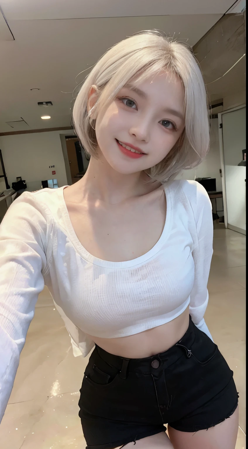 Best image quality、RAW Photos、超A high resolution、21 years old Korean、Small breasts、Dynamic Angle、Cowboy Shot、Chaos in its most beautiful form、elegant、Brutalist Design、Vibrant colors、Beautiful white hair、Short Bob、smile、fun、smile、Glowing White Skin、Beautiful eyes with random colors、Very thin lips、Beautiful eyes in every detail、length, Narrow eyes、Cheeks are pale pink、length eyelashes、Beautiful double eyelids、eye shadow、Bright white hair、Black cropped top、See-through jacket、See-through、hot pants、Sandy Beach、squat