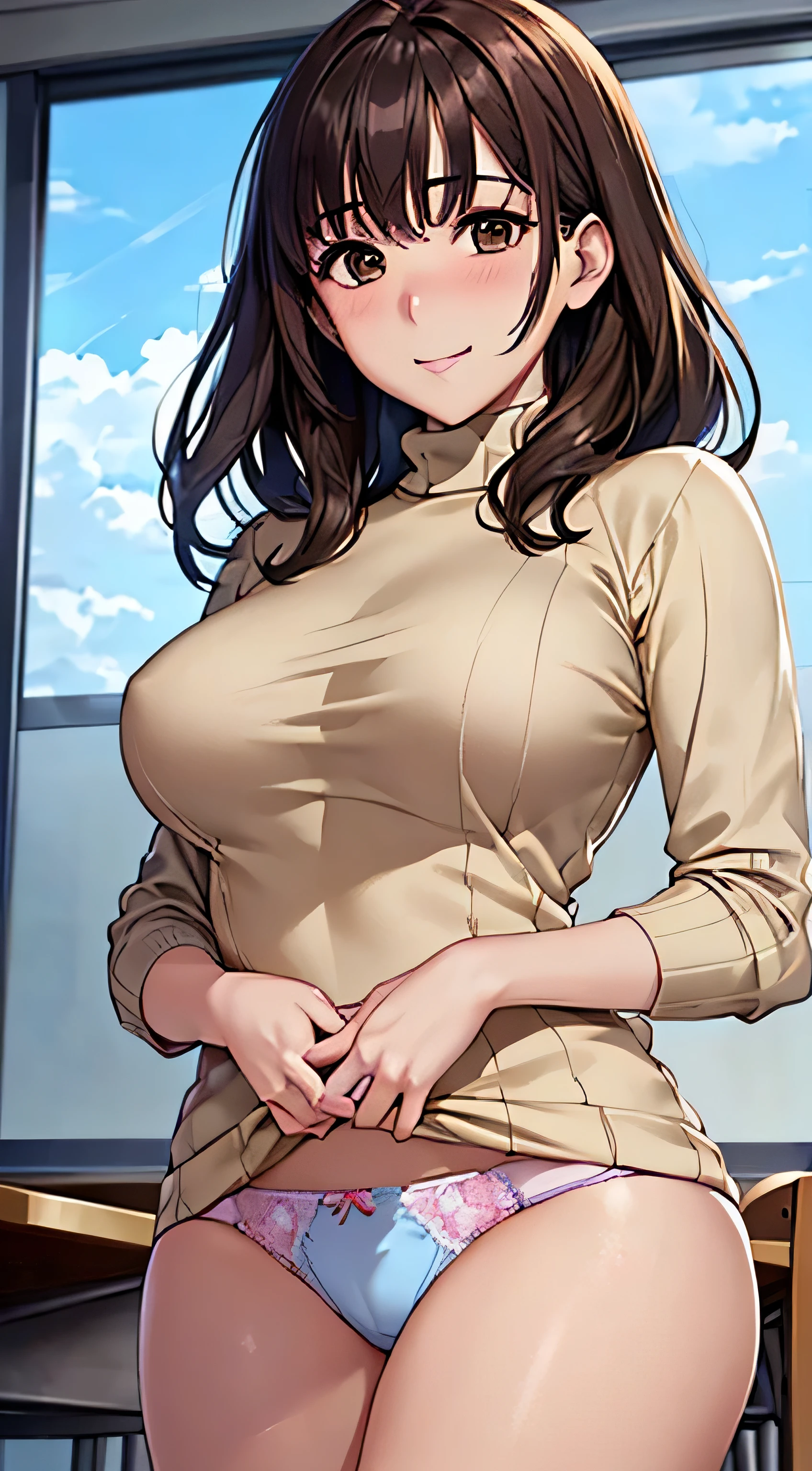 ((Tabletop, highest quality, High resolution, , Perfect Pixel, 4K,))), 1 female teacher, single, alone, beauty、The whole body is visible、 ((Mid-wave hair, bangs, Brown Hair)), ((Brown eyes, Beautiful eyelashes, Realistic eyes)), ((Detailed face, Blushing:1.2)), ((Smooth texture:0.75, Realistic texture:0.65, Realistic:1.1, Anime CG Style)), Medium Chest, Dynamic Angle, Perfect body, (( , ,  Beige Turtleneck Sweater, Rub your breasts with both hands、)), No bra、、Very embarrassing panic smile, 、、classroom、、Stick your butt out、(Light blue floral lace panties)、Angle from below)、