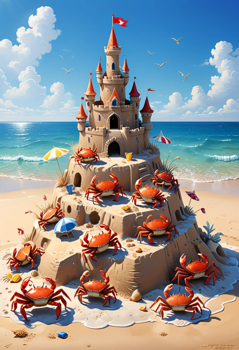 A delightful illustration of a group of small, cheerful crabs building a sandcastle on a sunny beach, clear blue sky, (masterpiece, best quality, Professional, perfect composition, very aesthetic, absurdres, ultra-detailed, intricate details:1.3)