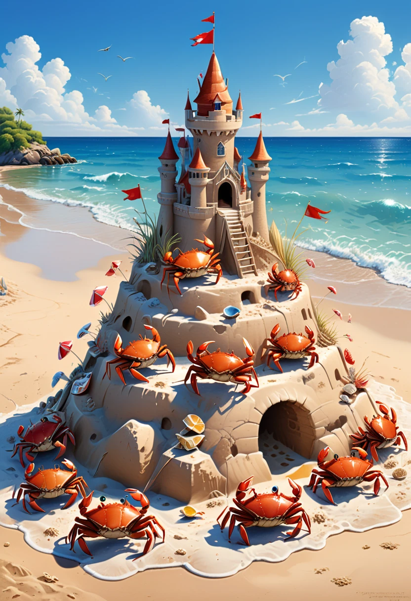 A delightful illustration of a group of small, cheerful crabs building a sandcastle on a sunny beach, clear blue sky, (masterpiece, best quality, Professional, perfect composition, very aesthetic, absurdres, ultra-detailed, intricate details:1.3)