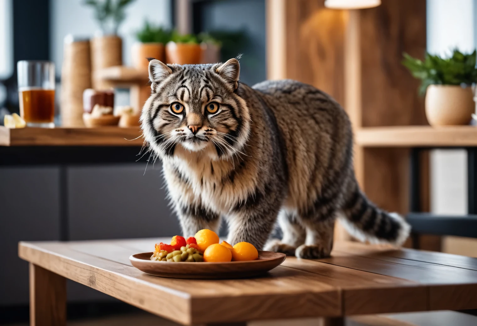 Beautiful artistic photo of an animal in a modern interior for an elite magazine, Manul walks on a wooden table with food and drinks, Canon EOS R5 with a Canon RF 100-500mm F4.5-7.1L IS USM lens, 100 mm, 1/24 sec., f/5, ISO 100