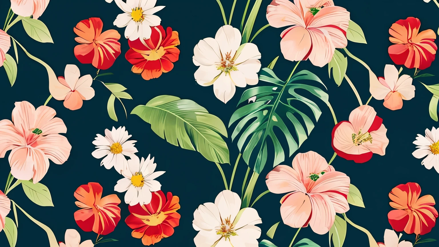 Experience a burst of vibrant colors with a multi-colour graphic pattern of tropical florals, rendered in a bold and modern style