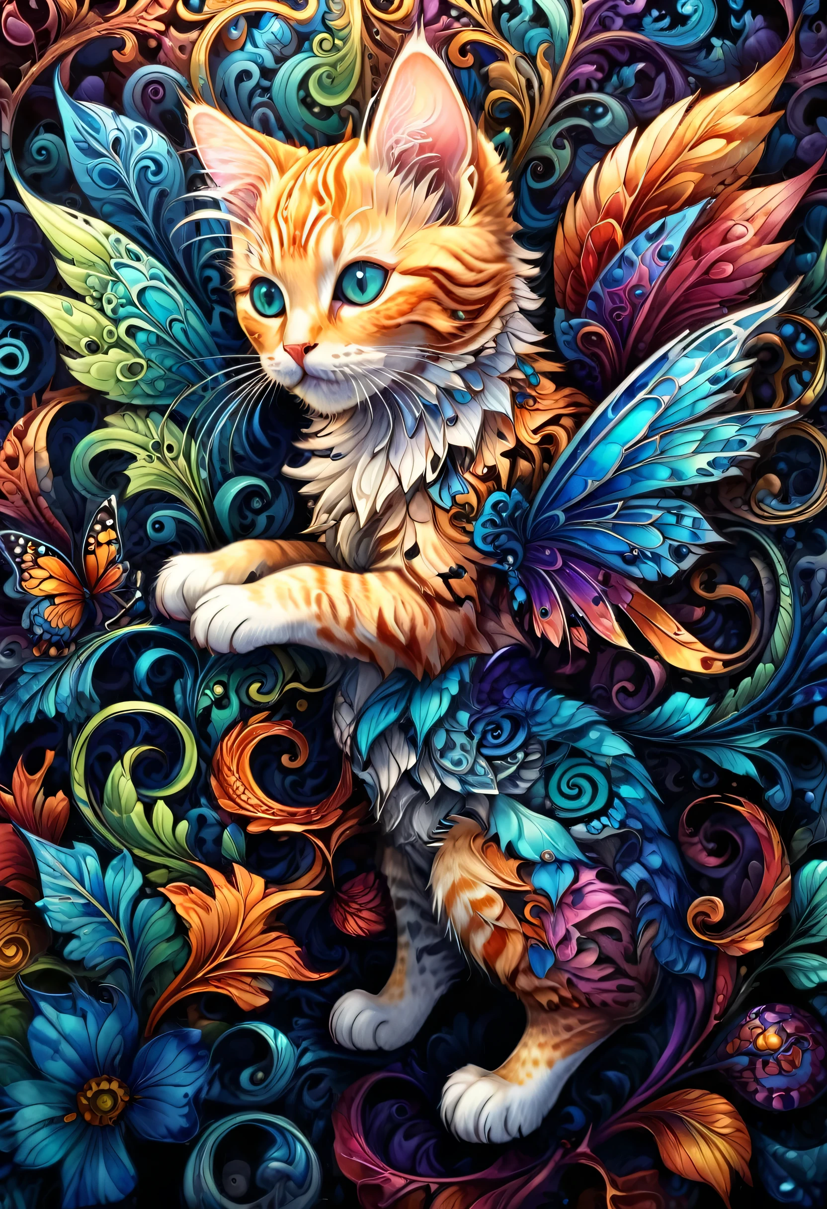 (8k, High resolution, highest quality, masterpiece, detailed), kitten、Fluttering in the wind、Zentangle Style、Fractal Art、Light Theme、