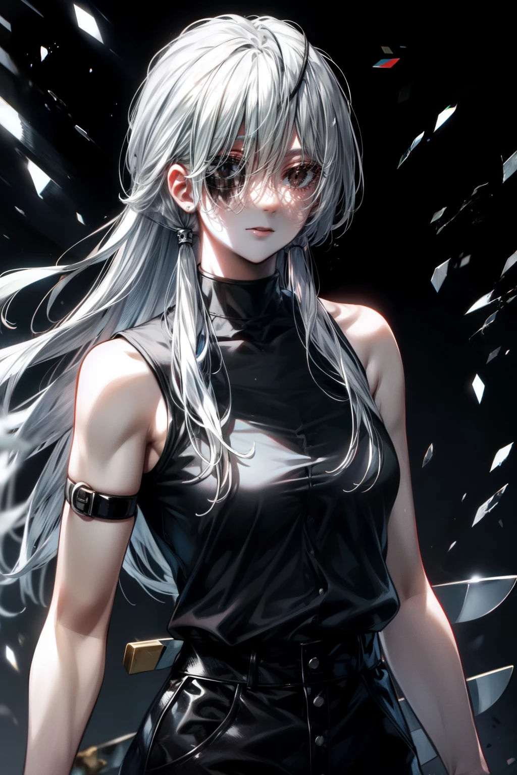 High quality, high detail, beautiful, beautiful face, white skin, sleepy eyes, black eyes, calm facial features, black eyepatch on the left eye, medium-length silver hair, slim, athletic body, black shirt with cut-off sleeves،Black pants, three swords at her waist, holding a sword, Attacking position , bloody background, Quanxi from Chainsaw Man
