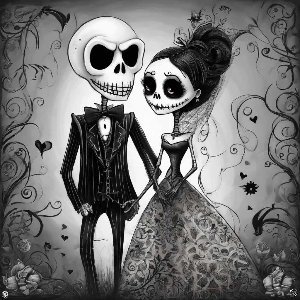 un primer plano de una caricatura de una pareja con cara de calavera, pesadilla antes de Navidad, Jacobo skellington, chaos nightmare ❄️ amour, In a film by Tim Burton, the pesadilla antes de Navidad, al estilo de tim burton, Esqueleto de ska y novia, corpse bride art style, estilo tim burton, they are in love, tim burton comic art, gothic hearts, Jacobo