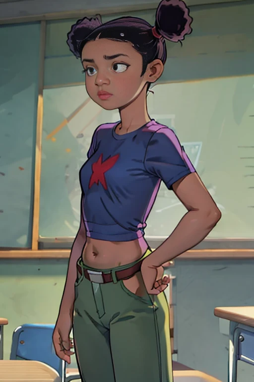 Trixie carter, dark-skinned female, double bun, black hair, belt, blue shirt, midriff, green pants, standing, on school, classroom