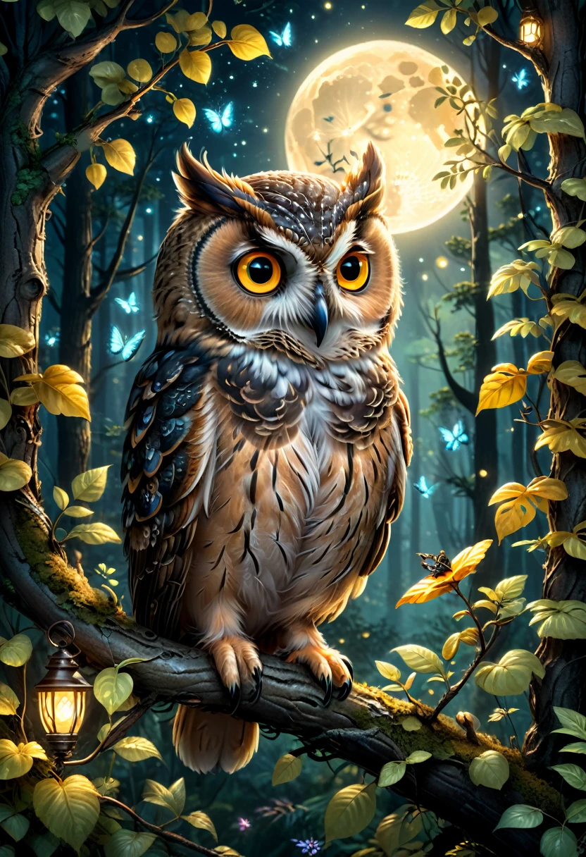 A charming scene of a fluffy, wide-eyed owl perched on a branch in a moonlit forest, surrounded by softly glowing fireflies and curious forest critters, (masterpiece, best quality, Professional, perfect composition, very aesthetic, absurdres, ultra-detailed, intricate details:1.3)