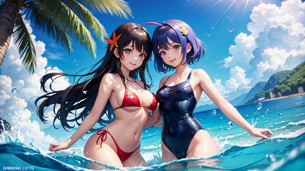 anime、Vibrant colors、In the water、Uplifting、Two beautiful women swimming in the ocean at 100km per hour、Two people facing each other、20 years old、Bright swimsuit、Bright eyes、Sparkling eyes、Large Breasts、An innocent smile、100 vibrant tropical fish、1000 glittering particles、100 butterflies swimming in the water