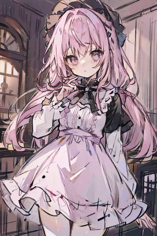 A pink haired woman with violet eyes with an hourglass figure in a cute lolita dress is exploring a haunted house