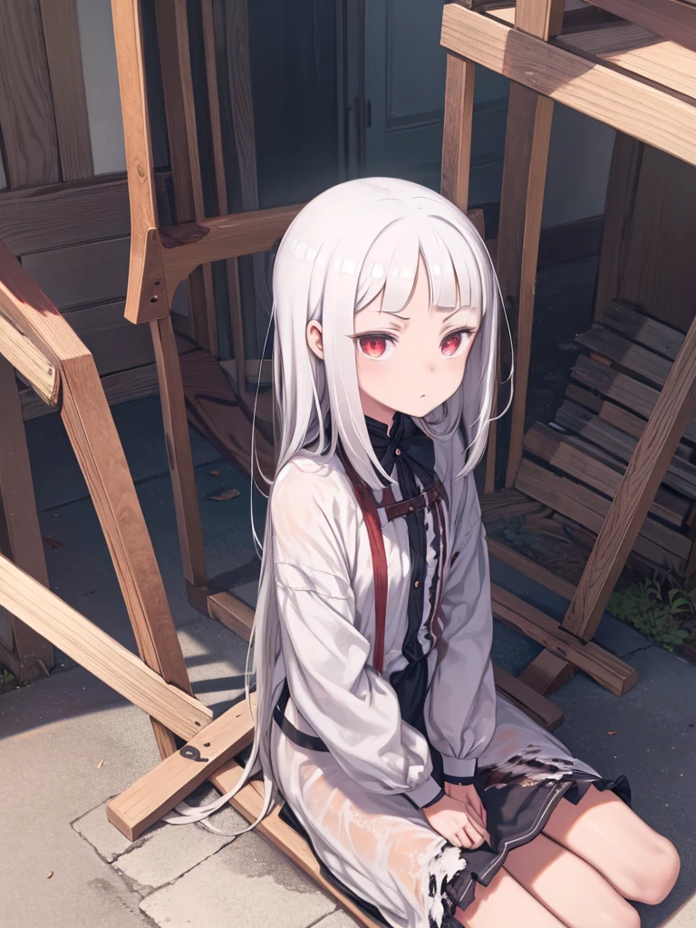 masterpiece、highest quality、High resolution、Very detailed、Medium wide shot、Red Eyes、Girl、Creepy、Bad look in the eyes、Glare、Watching the audience、Wrinkles under the eyes、Bad mood、White Hair、(((Long Bangs)))、Shaggy Hair、Angle from above、Sitting、Tattered clothes、Dirty clothes、奴隷のGirl、