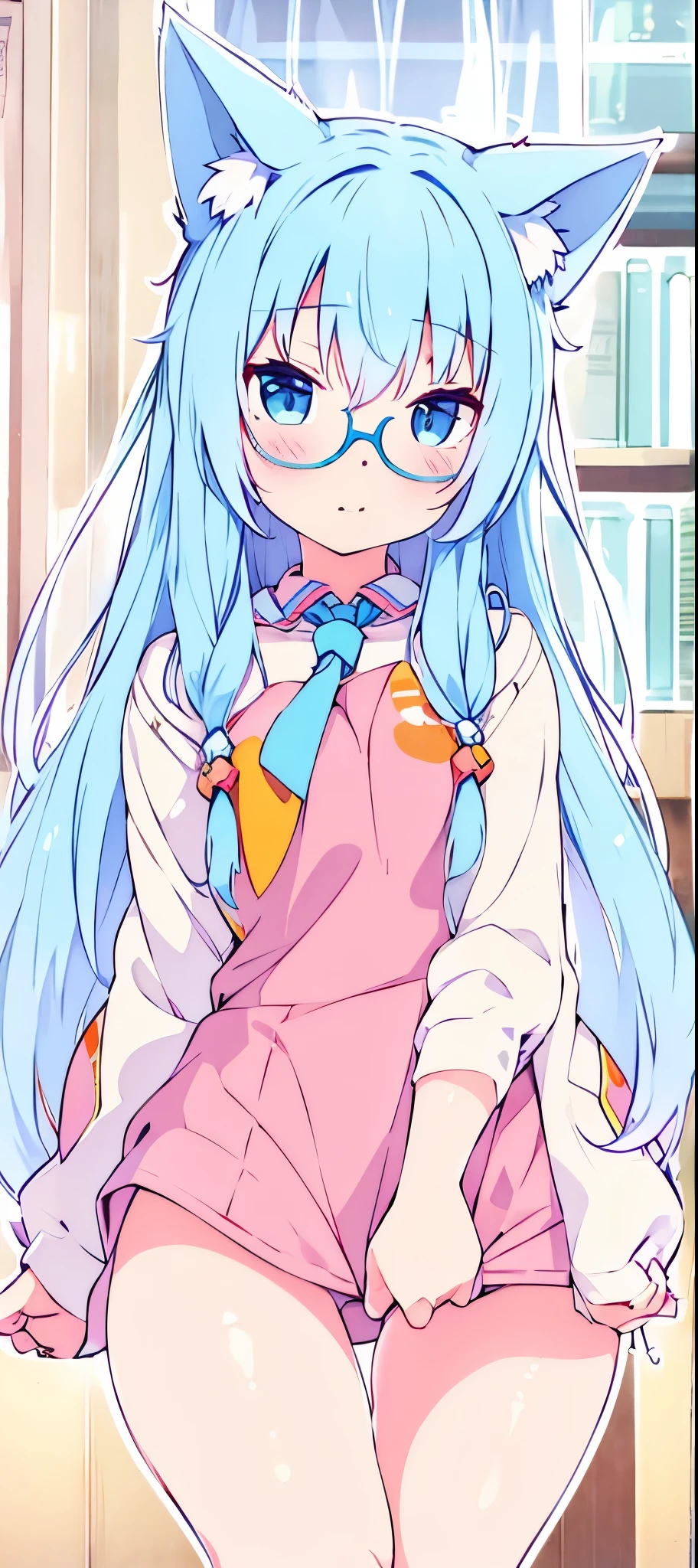 girl light blue hair eyes Orange Glasses nekomimi NSFW