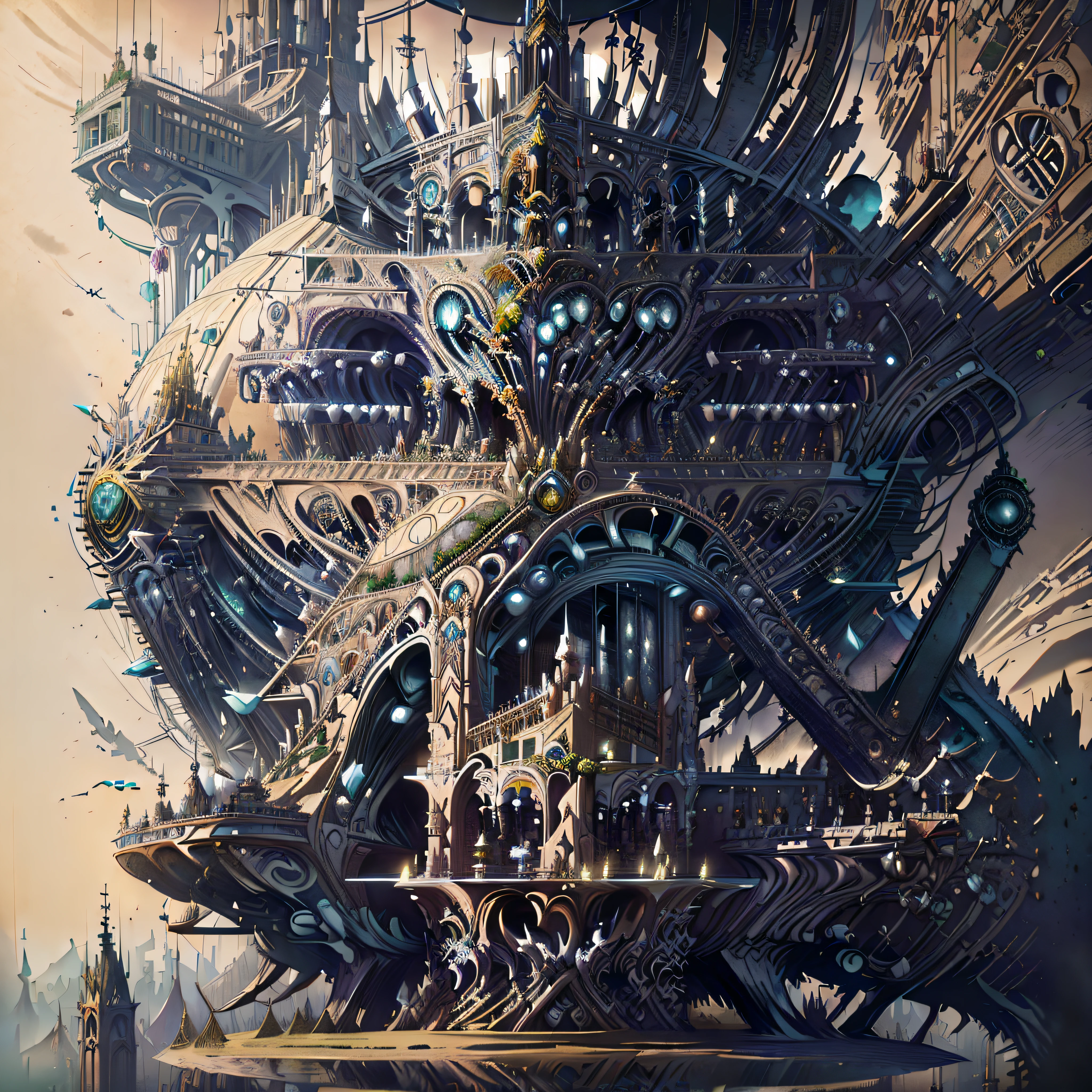 (Beautifully illustrated tarot card:1.2), complicated details,  Dynamic memory, mystique, symbolique, (Tarot-Welt:1.1), une peinture d&#39;une ville futuriste avec un immense arbre au centre, arstation et bip haut, Stil-Hybrid-Mix aus Bipton, Greg Bipton, de Mike "Bipton" Winkelmann, Artgem und Bipton Meisterwerk, Chef-d&#39;work of Beple, oeuvre de bip, Steampunk de science-fiction coloré, ATACAMA, Geoglyphene