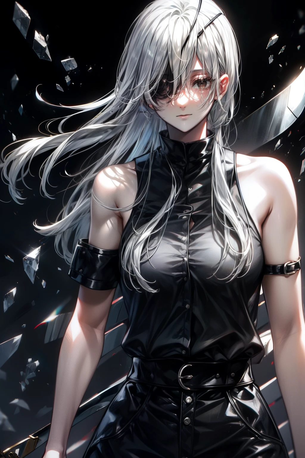 High quality, high detail, beautiful, beautiful face, white skin, sleepy eyes, black eyes, calm facial features, black eyepatch on the left eye, medium-length silver hair, slim, athletic body, black shirt with cut-off sleeves،Black pants, three swords at her waist, holding a sword, Attacking position , bloody background, Quanxi from Chainsaw Man 