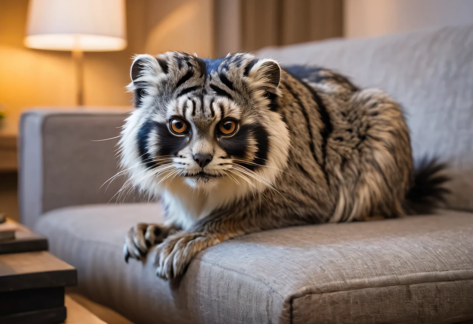 Beautiful artistic photo of an animal, wild Manul (Otocolobus manul) in a cozy home environment, comfortably lying on a sofa cushion in a room with a modern interior, Canon EOS R5 with a Canon RF 100-500mm F4.5-7.1L IS USM lens, 100 mm, 1/24 sec., f/5, ISO 100