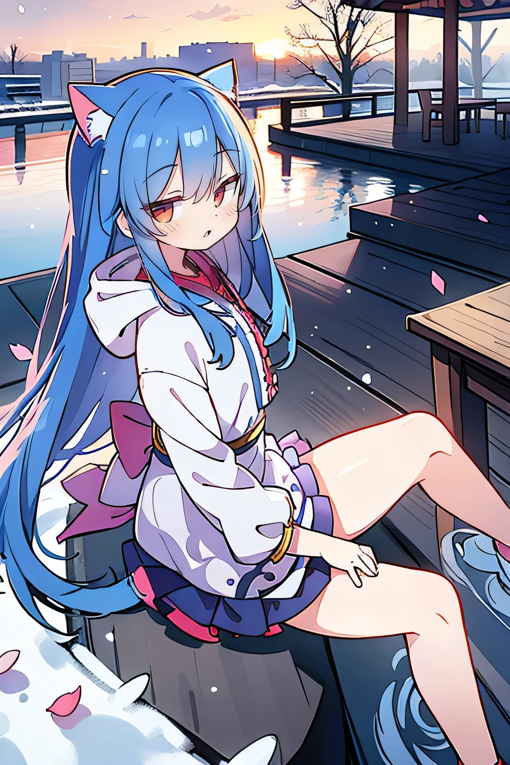 （masterpiece：1.2），Super detailed，lifelike，Expressive eyes，fair skin，perfect face shape，1 girl，
Japanese comics,Gorgeous blue hair,flowing blue hair,flowing clothes,Cat ears,Petals fall,beautiful lola,Baby Angel,sunrise,
Cross your legs，Gentle and peaceful background，The pavilion is cool and comfortable,smile, wearing hoodie, background of tokyo,back views,snowing, winter.