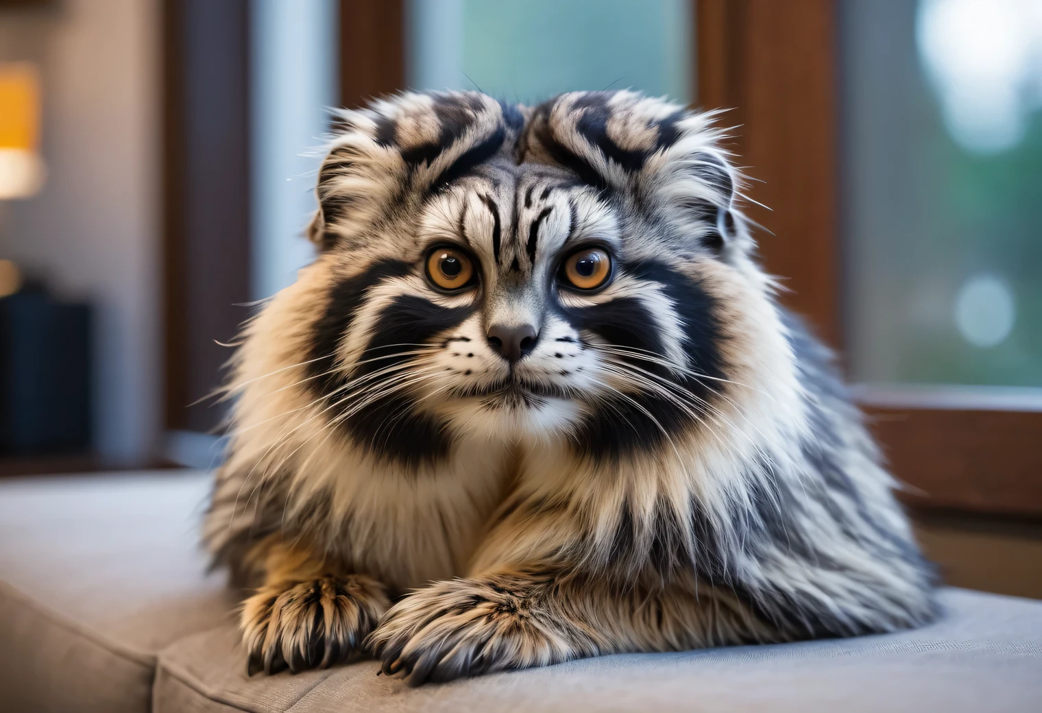 Beautiful artistic photo of an animal, wild Manul (Otocolobus manul) in a cozy home environment, comfortably lying on a sofa cushion in a room with a modern interior, Canon EOS R5 with a Canon RF 100-500mm F4.5-7.1L IS USM lens, 100 mm, 1/24 sec., f/5, ISO 100