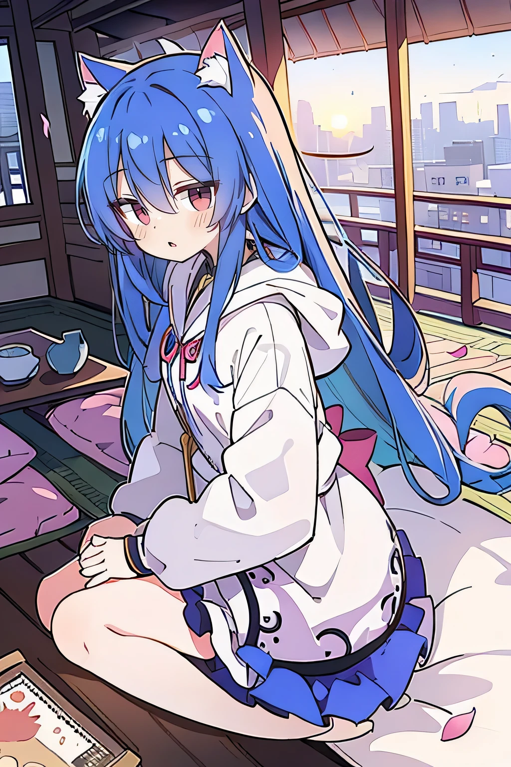 (masterpiece:1.2),Super detailed,lifelike,Expressive eyes,fair skin,perfect face shape,1 girl,
Japanese comics,Gorgeous blue hair,flowing blue hair,flowing clothes,Cat ears,Petals fall,beautiful lola,Baby Angel,sunrise,
Cross your legs,Gentle and peaceful background,The pavilion is cool and comfortable,smile, wearing hoodie, background of tokyo,back views,snowing, winter.