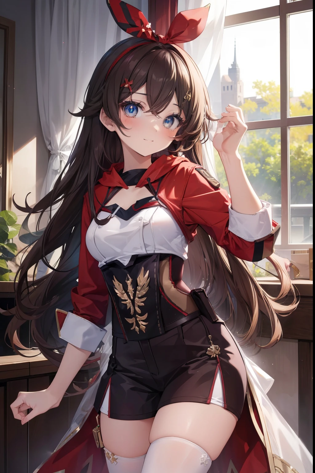 amber、blush,smile、Long Hair、Usual clothes、Combat Uniform、Primary school students、The back is very small、Lolita、Small breasts、Show me your armpits、exterior: 14 years old、Shoulder Bare、The clavicle is visible、Sexy thighs、Beautiful feet、Usual hairstyle、highest quality, High resolution, unity 8k wallpaper, (shape:0.8), (Beautiful and beautiful eyes:1.6), Highly detailed face, Perfect lighting, Extremely detailed CG, (Perfect hands, Perfect Anatomy),