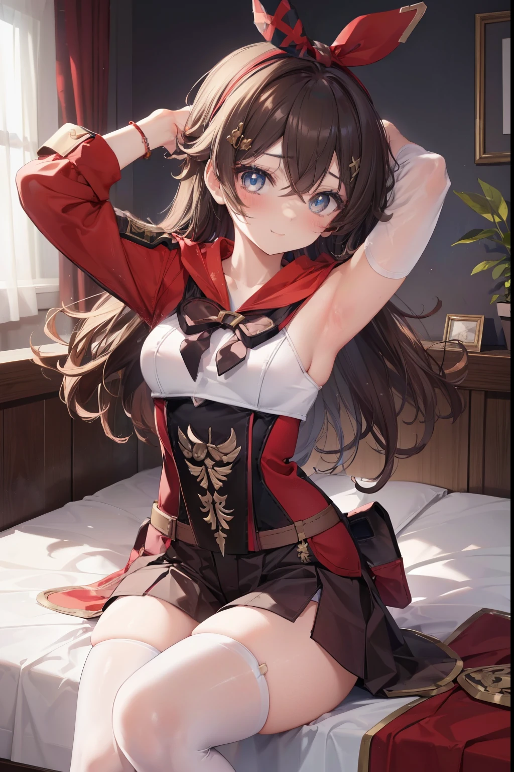 amber、blush,smile、Long Hair、Usual clothes、Combat Uniform、Primary school students、The back is very small、Lolita、Small breasts、Show me your armpits、exterior: 14 years old、Shoulder Bare、The clavicle is visible、Sexy thighs、Beautiful feet、Usual hairstyle、highest quality, High resolution, unity 8k wallpaper, (shape:0.8), (Beautiful and beautiful eyes:1.6), Highly detailed face, Perfect lighting, Extremely detailed CG, (Perfect hands, Perfect Anatomy),