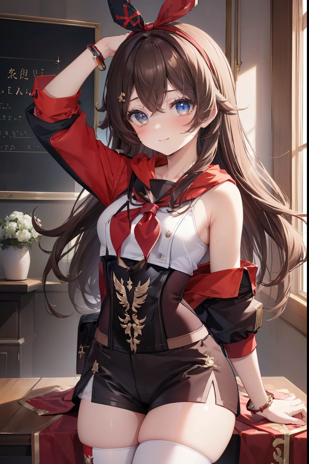 amber、blush,smile、Long Hair、Usual clothes、Combat Uniform、Primary school students、The back is very small、Lolita、Small breasts、Show me your armpits、exterior: 14 years old、Shoulder Bare、The clavicle is visible、Sexy thighs、Beautiful feet、Usual hairstyle、highest quality, High resolution, unity 8k wallpaper, (shape:0.8), (Beautiful and beautiful eyes:1.6), Highly detailed face, Perfect lighting, Extremely detailed CG, (Perfect hands, Perfect Anatomy),