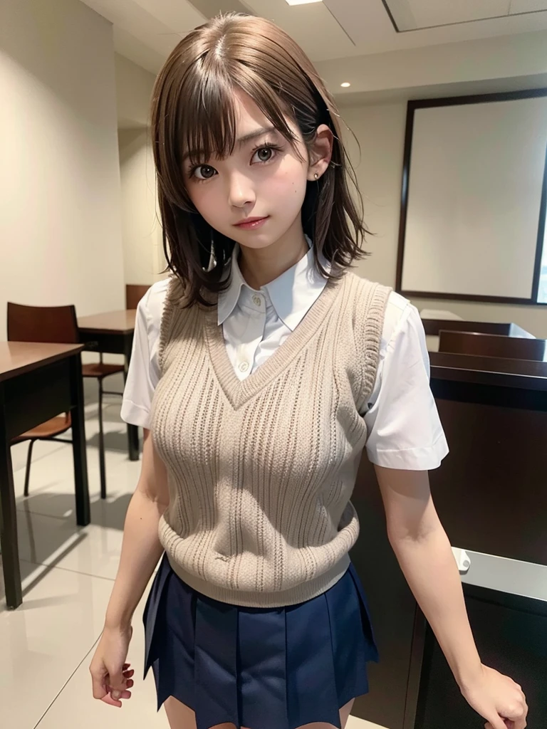 Masterpiece, Top Quality, Top Mikoto, brown eyes, short hair, small breasts, looking at viewer, alone, closed mouth, collared shirt, beige knit vest, dark blue Skirt, school_uniform, shirt, white_shirt, classroom,Masterpiece, highest quality, 8K, detailed skin texture, fine cloth texture, beautiful detailed face, intricate details, super detailed,cute,cute posing,composition that shows the whole body,