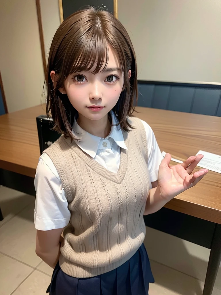Masterpiece, Top Quality, Top Mikoto, brown eyes, short hair, small breasts, looking at viewer, alone, closed mouth, collared shirt, beige knit vest, dark blue  Skirt, school_uniform, shirt, white_shirt, classroom,Masterpiece, highest quality, 8K, detailed skin texture, fine cloth texture, beautiful detailed face, intricate details, super detailed,cute,cute posing,composition that shows the whole body,