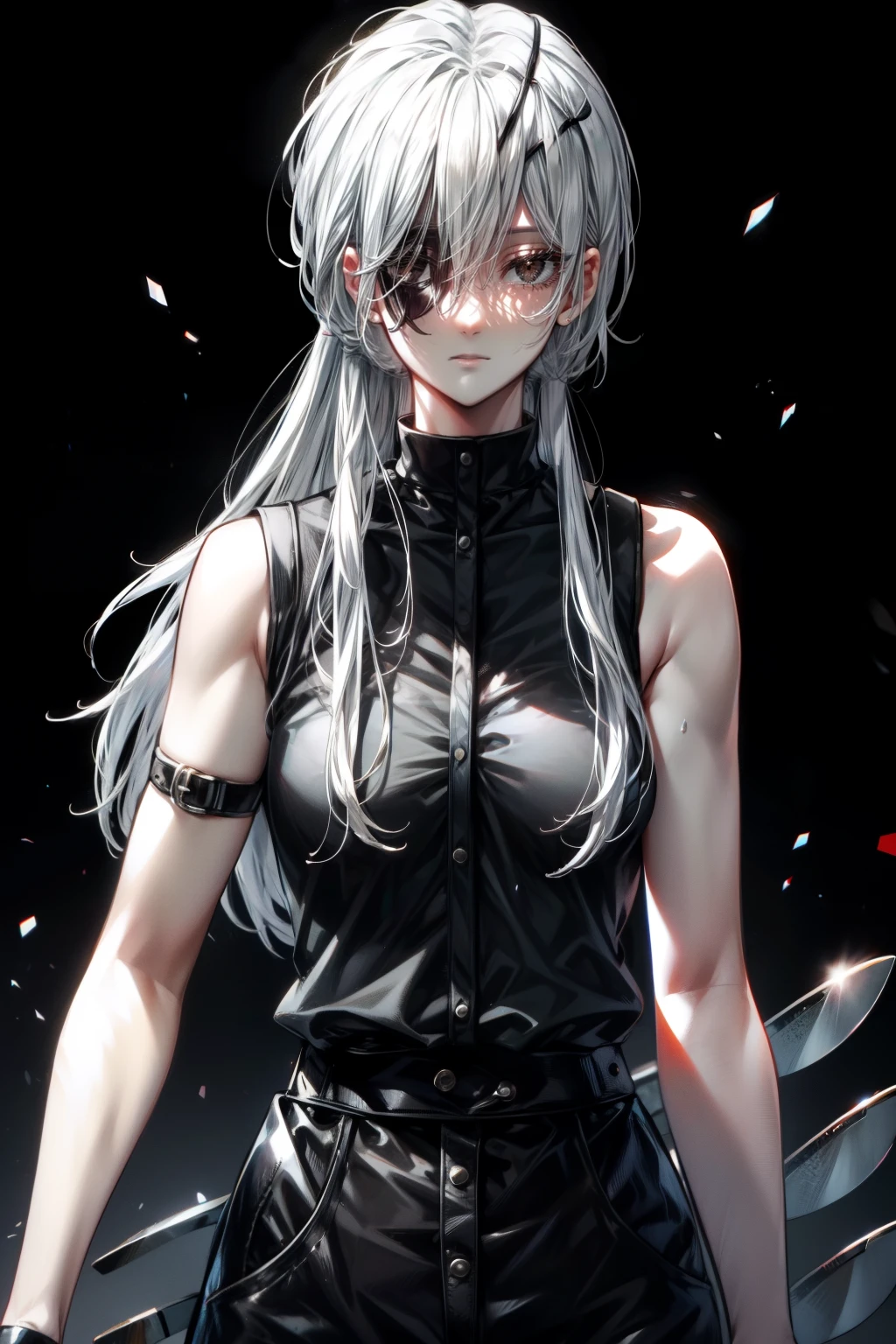 High quality, high detail, beautiful, beautiful face, white skin, sleepy eyes, black eyes, calm facial features, black eyepatch on the left eye, medium-length silver hair, slim, athletic body, black shirt with cut-off sleeves،Black pants, three swords at her waist, holding a sword, Attacking position , bloody background, Quanxi from Chainsaw Man 