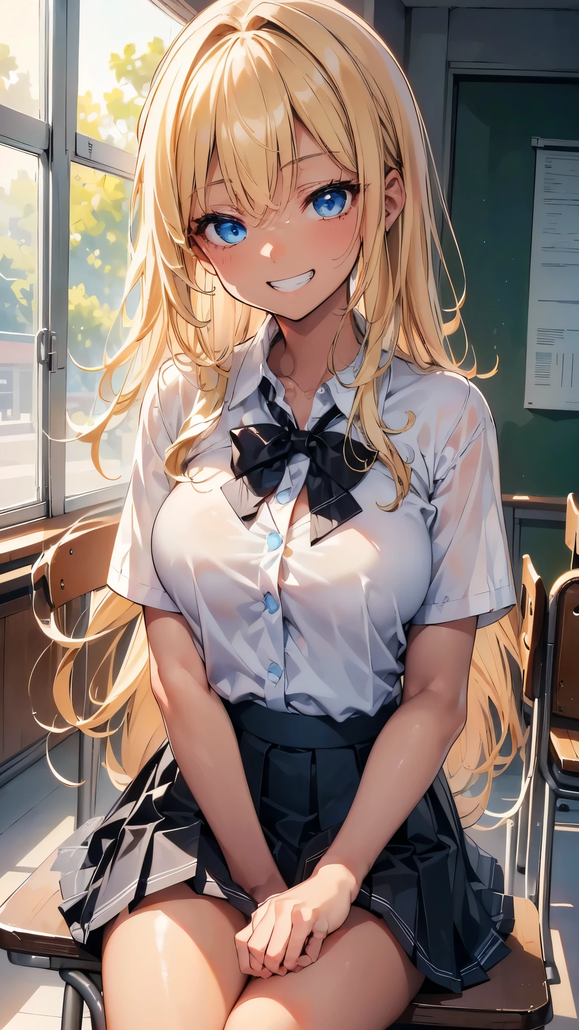 (8k、Best image quality、highest quality、masterpiece)、Detailed face、One girl、((Brown skin:1.2))、Blonde、Long Hair、Wavy Hair、Light blue eyes、evil smile、((Grin))、Moderate breasts、((White collared shirt))、Short sleeve、cleavage、((Black pleated skirt))、Cowboy Shot、Sit on a chair、Classroom Background