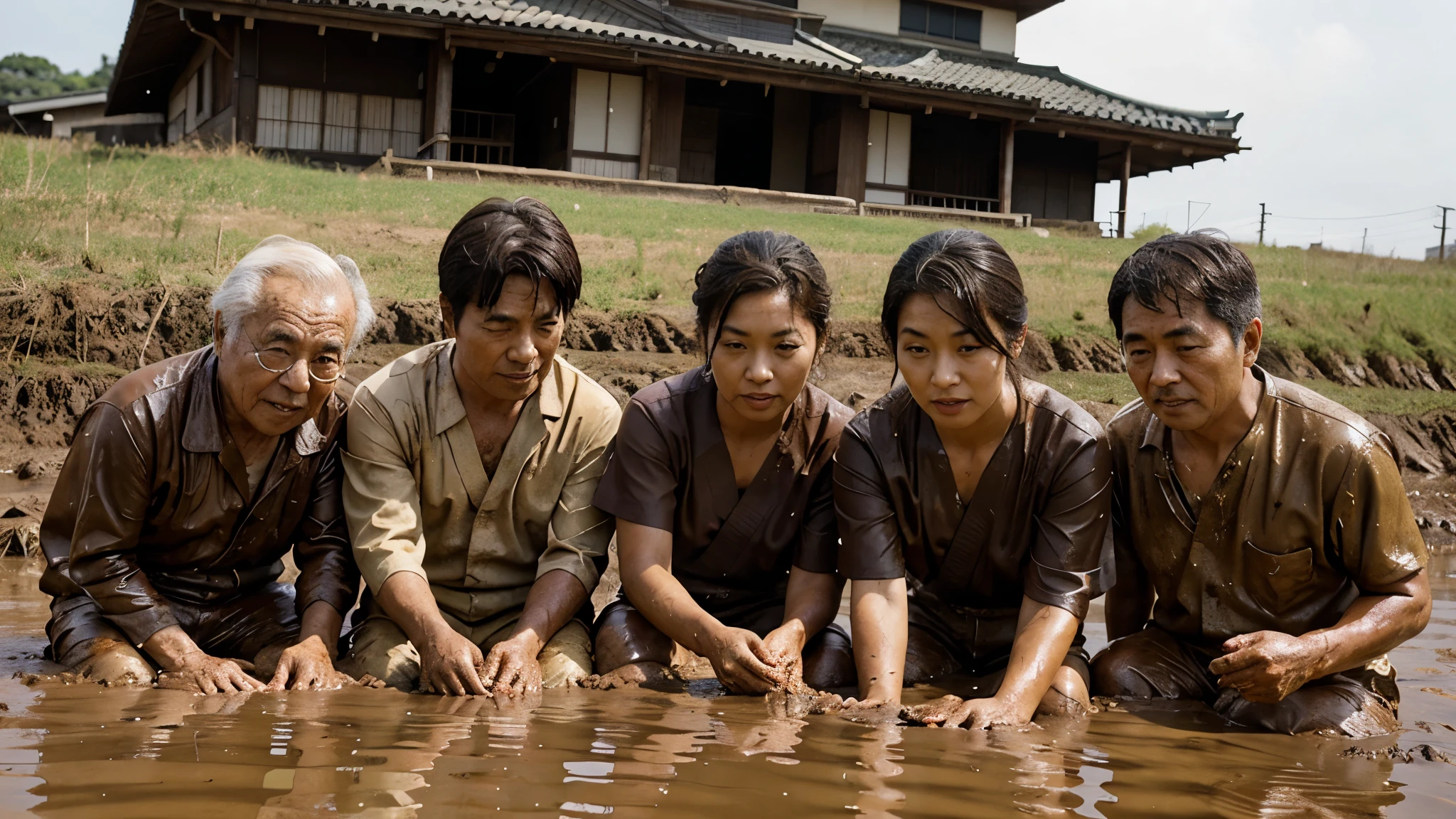 Four old Japanese men and women peeking out from a muddy field
