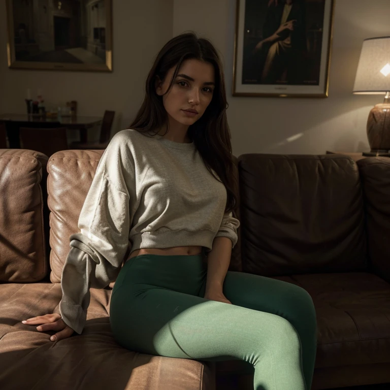 beautiful young Italian woman in her living room, on a sofa, wearing leggings and a full-body sweatshirt that barely bares her, • beautiful face, masterpiece, best quality, ultra-detailed, solo, shadows, contrast, cinematic light, side lighting, ultra high resolution, best shadow, RAW, 4k, 85 mm, depth of field, Kodak Vision Color , extreme detailed, Cinematographer_ (uitraU, photorealistic, Realstic, fotorrealismo, Cinematographer, 8k UHD,