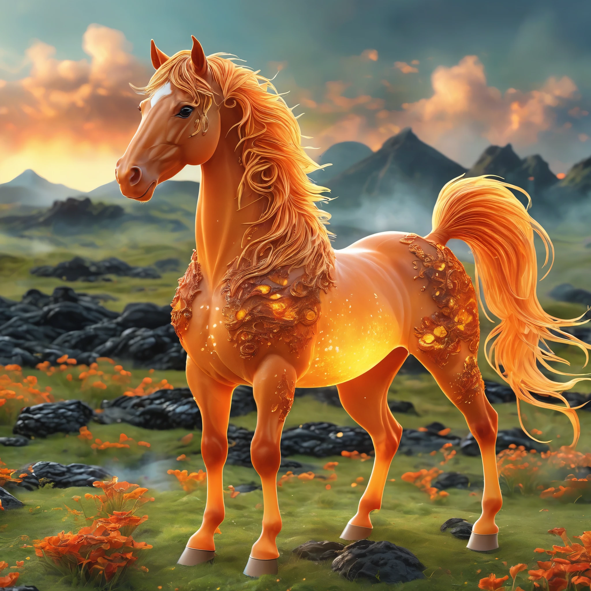best quality, very good, 16K, ridiculous, Extremely detailed, Lovely(((horse:1.3)))，Made of translucent boiling lava, Background grassland（（A masterpiece full of fantasy elements）））， （（best quality））， （（Intricate details））（8k）