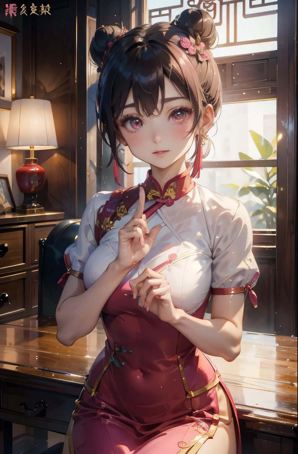 Cheongsam Beauty,Unique style。Pink cheongsam,Beautifully embroidered,Cut appropriately。High bun,Light makeup,Show noble temperament。Calm manners,Full of confidence,Show oriental charm。