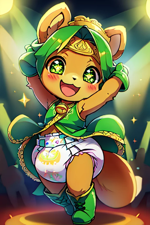 boy, squirrel, furry, bodyfur, green smock, diaper, green gloves, green boots, chibi, happy, sparkling eyes, idol, dancing, singing