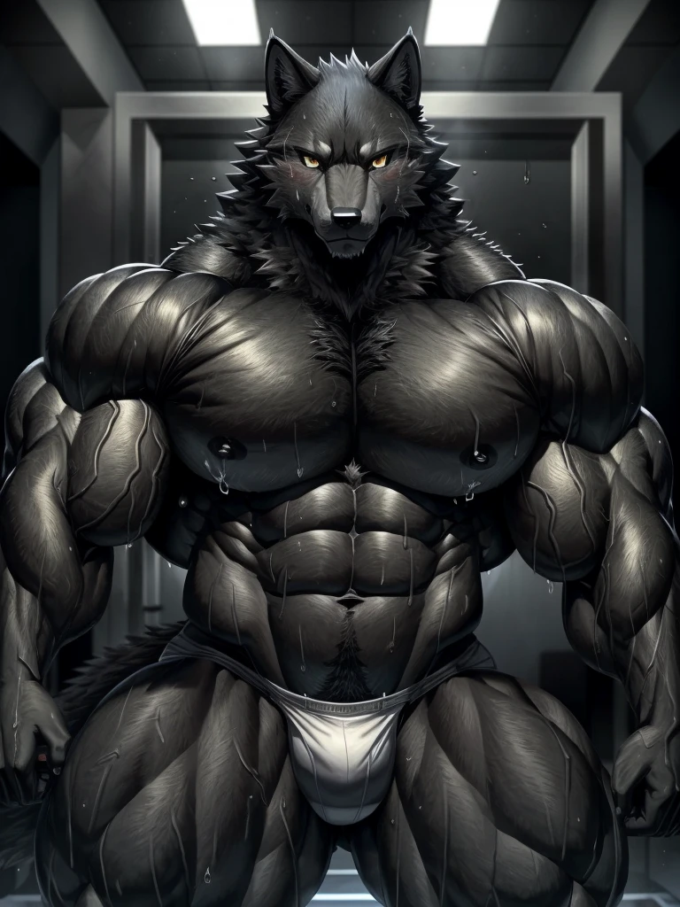 (highest quality:1.2), (masterpiece:1.2), anime,雄のBlack wolf,Black coat,Black wolf, great physique,Black Hand,Black chest,Thick thighs,manly, Bodybuilder with bulging muscles ,((Pure sweat permeates the wolf&#39;s entire body.&#39;Muscular body.)), (Excessive sweating:1.5), ((Sweating all over the body)) , White pants, (Super detailed eyes:1.4), black sclera, Yellow Iris , black tongue, Lots of saliva, Tears are dripping ,null-ghostより, (((Night Coast:1.5))),Raise both arms up,Spread your legs,bark