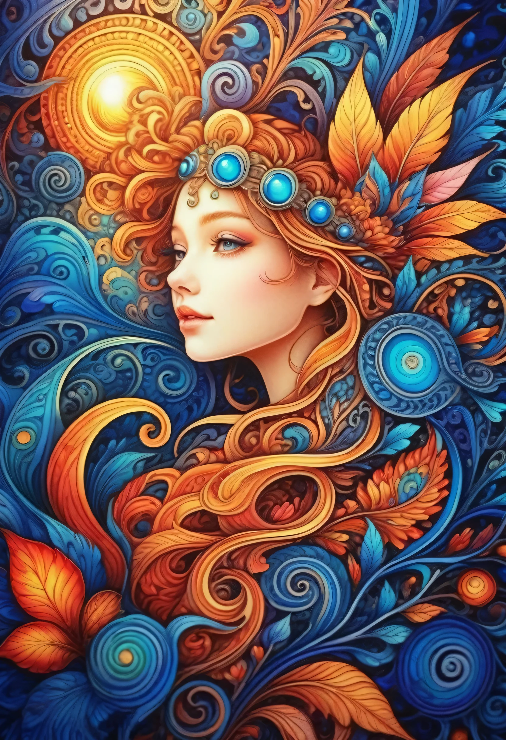 (8k, High resolution, highest quality, masterpiece, detailed), Girl、Beautiful Face、Sparkling Eyes、Fluttering in the wind、Zentangle Style、Fractal Art、Light Theme、