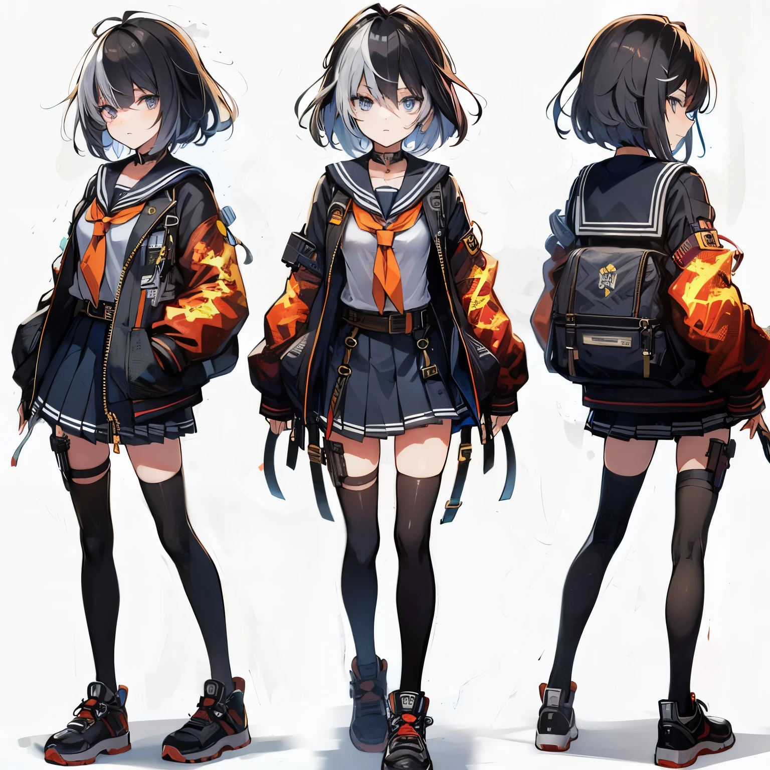 (masterpiece, highest quality), (Detailed Hair), Very detailed, Anime Style, whole body, alone, Cyberpunk rogue school girl, Medium-short black hair with some gray hair, Rebellious sky-blue eyes, She wears a fire pattern jacket over a black sailor suit., School boots, Standing in the city, White Background, whole body,