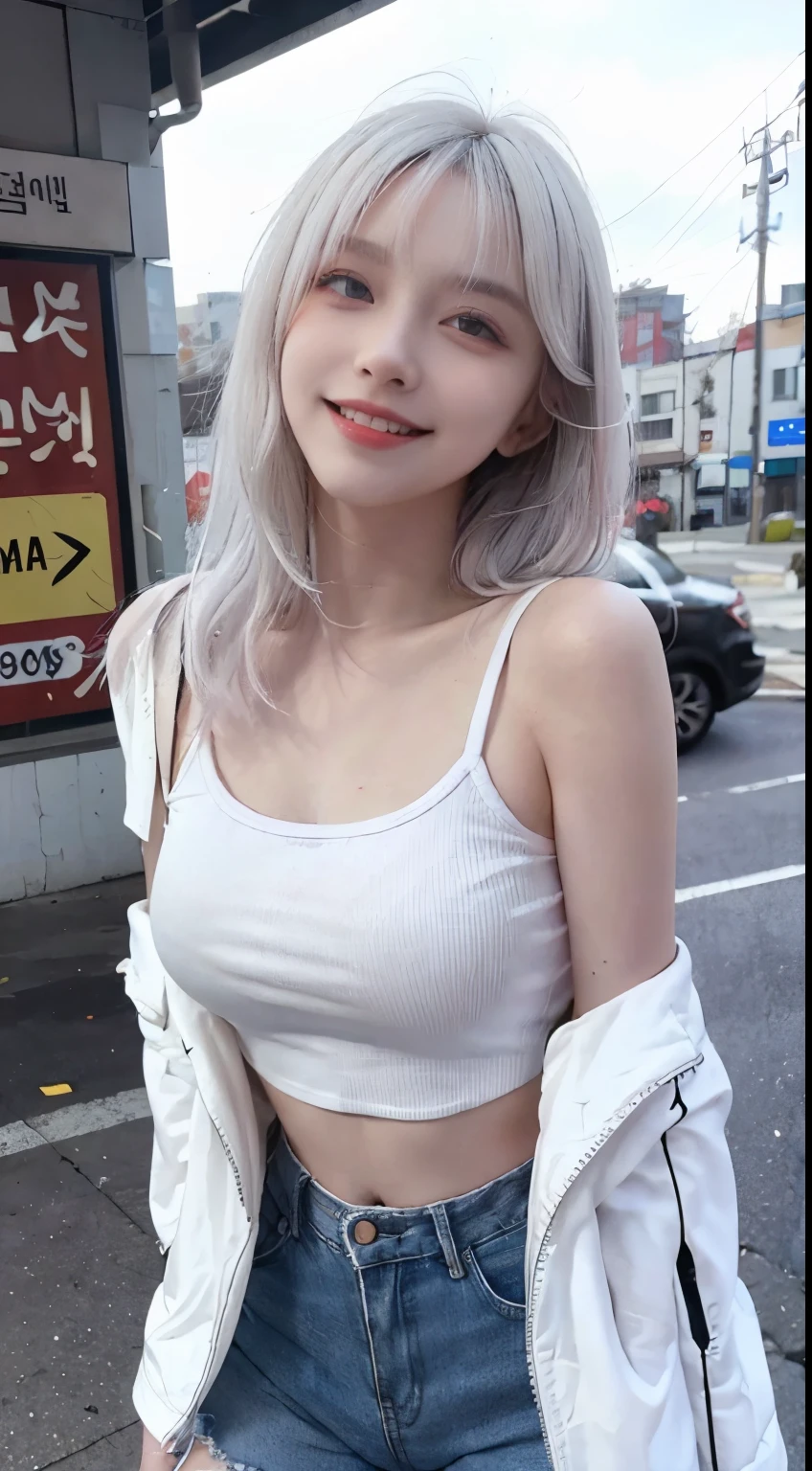 Best image quality、RAW Photos、超A high resolution、21 years old Korean、Small breasts、Dynamic Angle、Cowboy Shot、Chaos in its most beautiful form、elegant、Brutalist Design、Vibrant colors、Beautiful white hair、Short Bob、smile、fun、smile、Glowing White Skin、Beautiful eyes with random colors、Very thin lips、Beautiful eyes in every detail、length, Narrow eyes、Cheeks are pale pink、length eyelashes、Beautiful double eyelids、eye shadow、Bright white hair、Black cropped top、See-through jacket、See-through、hot pants、denim。city、squat