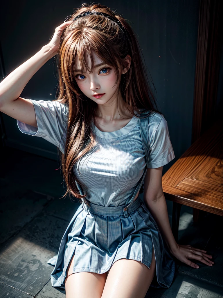 (8k, highest quality, Pieces fly:1.2)、Ultra-high resolution、anime,1 very pretty girl,Asuka Langley,Highly detailed face, Fine grain,blue eyes,,White sailor collar plain short sleeve shirt,Light blue skirt,Light Blue Suspenders,uniform_Red ribbon,Orange Hair,Long Hair、Detailed hand and fingers,put your hands in your hair,Grin、sitting on desk,Shooting from above,classroom