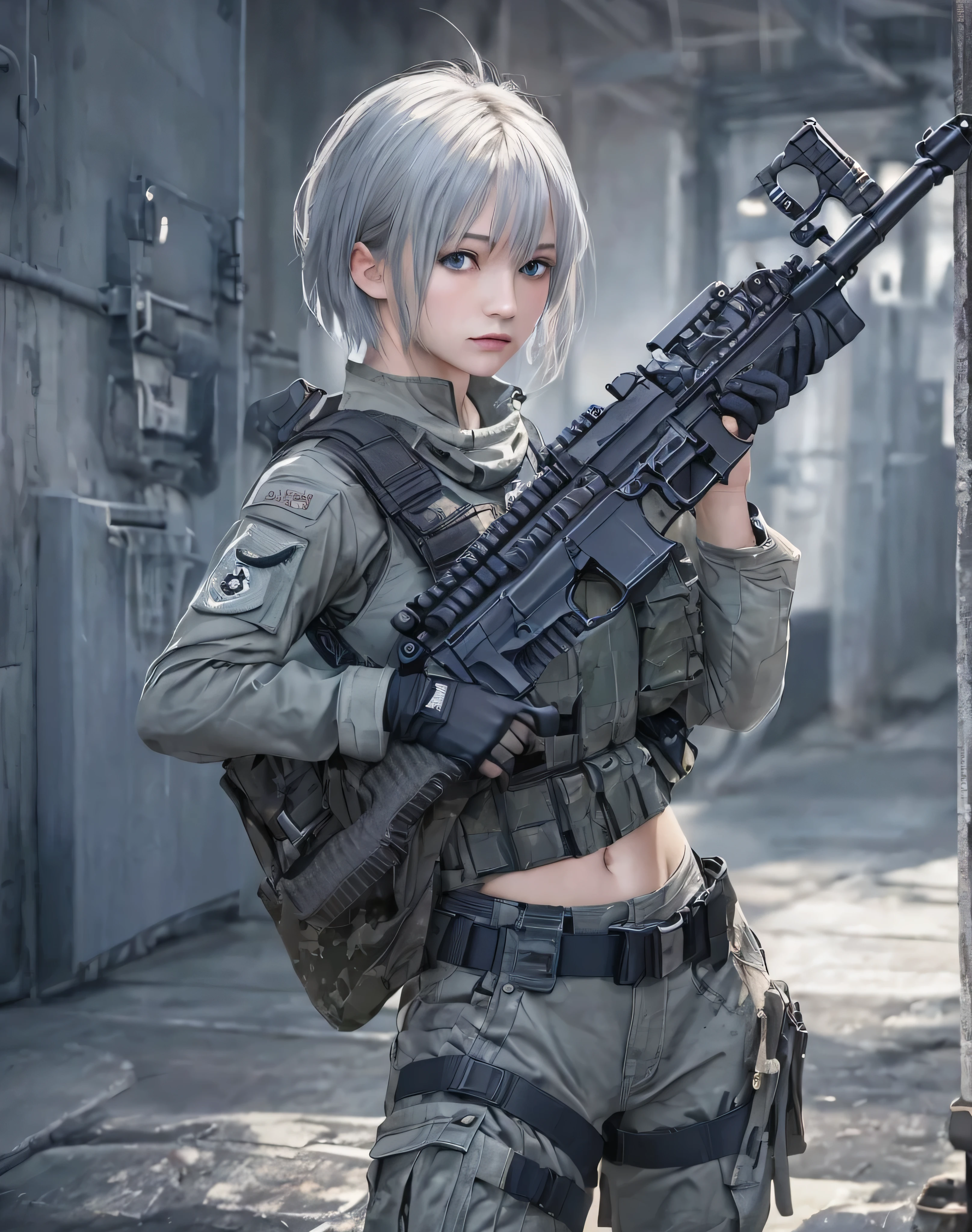 (RAW quality:1.4), Realistic, highest quality:1.3, High resolution, 1 female, , alone, sexy, Hip Up, Beautiful Blue Eyes, (Realistic Face), (boyish, Silver color very short hair), Tight light grey military bodysuit, Assault rifle, jewelry, Portraiture, (Assault rifleを持つ:1.4),
