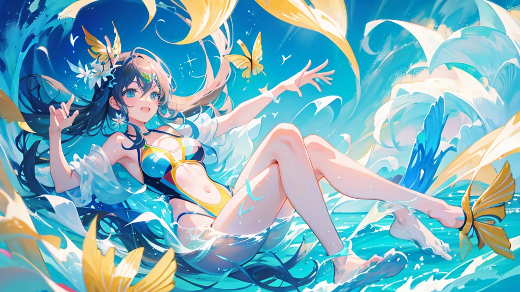 anime、Vibrant colors、In the water、Uplifting、Two beautiful women swimming in the ocean at 100km per hour、Two people facing each other、20 years old、Bright swimsuit、Bright eyes、Sparkling eyes、Large Breasts、An innocent smile、100 vibrant tropical fish、1000 glittering particles、100 butterflies swimming in the water
