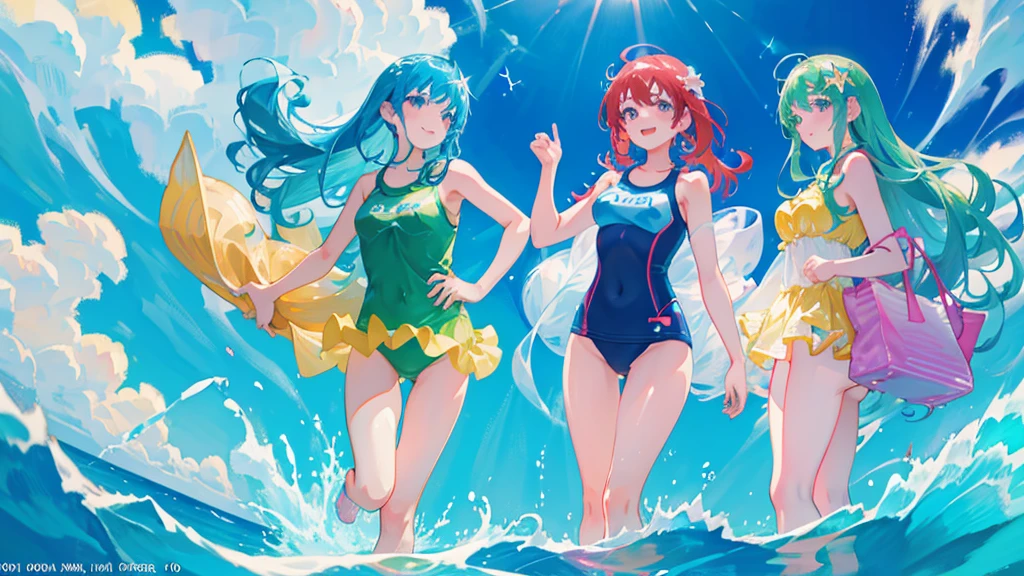 anime、Vibrant colors、In the water、Uplifting、Three beautiful girls swimming in the ocean at 100km per hour、Bright swimsuit、Bright eyes、Sparkling eyes、Large Breasts、An innocent smile、100 vibrant tropical fish、1000 glittering particles、100 butterflies swimming in the water
