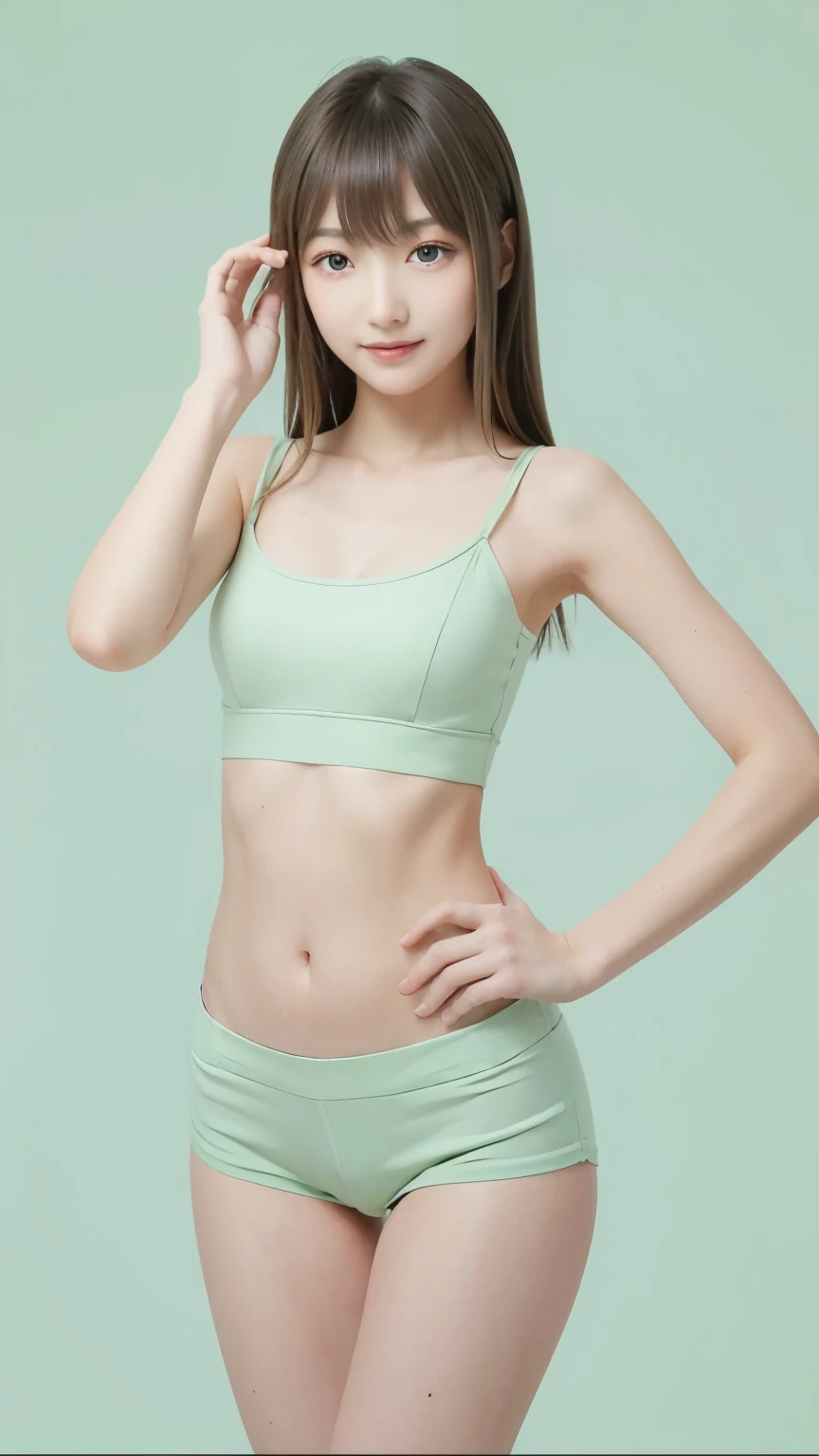 masterpiece,highest quality,1 Girl,delicined face, 前hair, just_arm, just_shoulder, green_eye, (Very thin waist:1.48)、(A very slim waist:1.48)、(Gravure idol pose:1.48)、clavicle, cowboy_shot, crop_superior, length_hair, looking for_in_peeping in the viewer, belly button, Realistic, 一人in, Are standing, underwear,