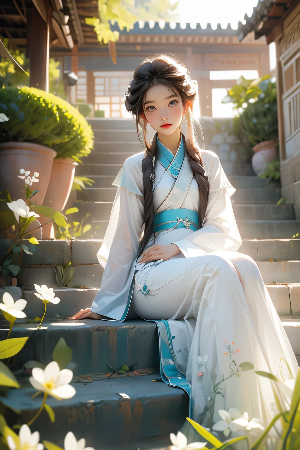 (masterpiece), (best quality), RAW photo, girl, Hanfu, white Hanfu, simple Hanfu, stand, white flowers background, stair, outdoor