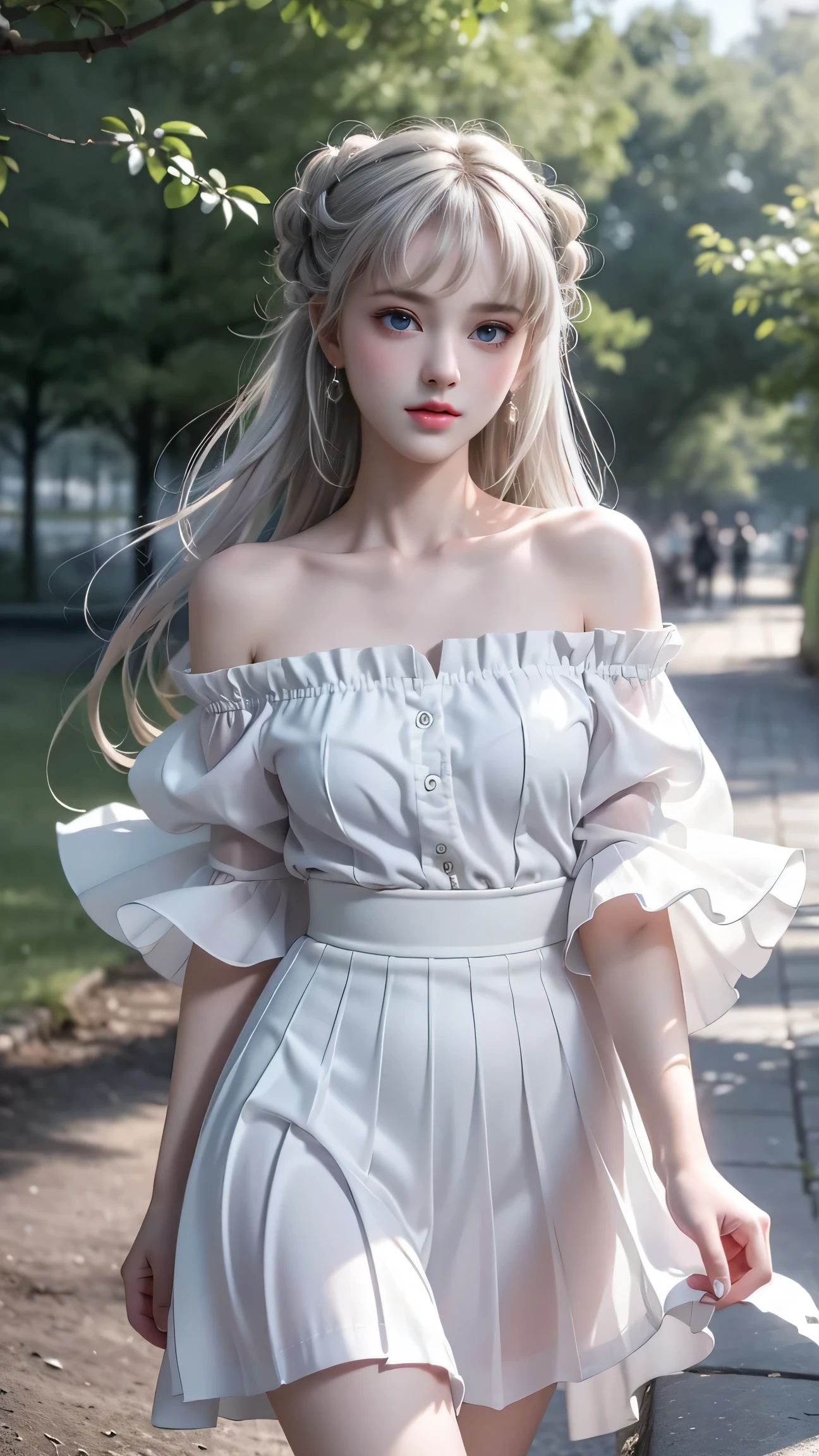 Top quality work、Real works、Ultra Premium Graphics、8K HD CG Works、High Quality Graphics、High-definition CG works、10x pixels、Ultra-fine detail：1.1、Advanced Technical Details：1. 1 PhotoReal、（Little girl walking in the park）Natural light：1.5.Light Effects（Virtual Light Effects：1.8）、Wet Long Silver Hair、Silver Hair、Transparent hair、Highly detailed hair（Premium Hair Detail：1. 1）Clear Eyes、Beautiful double eyelids、Sharp eye makeup、Delicate eyelash makeup、Thin eyebrows、Eye for detail、High nose、Nice red lips、Rosy Cheeks、Delicate makeup face、Cute Face、Perfectly Proportioned Face、（Advanced Facial Detail：1. 1）、Shine、（off shoulder white blouse）、（Checked Skirt）、girl、photo shoot、woman＆＃39； Work of、whole body、Real、wonderful、My eyes are shining today、、(Sudden、Wind)、(The wind flips up my skirt)、(I can see her panties)、。

