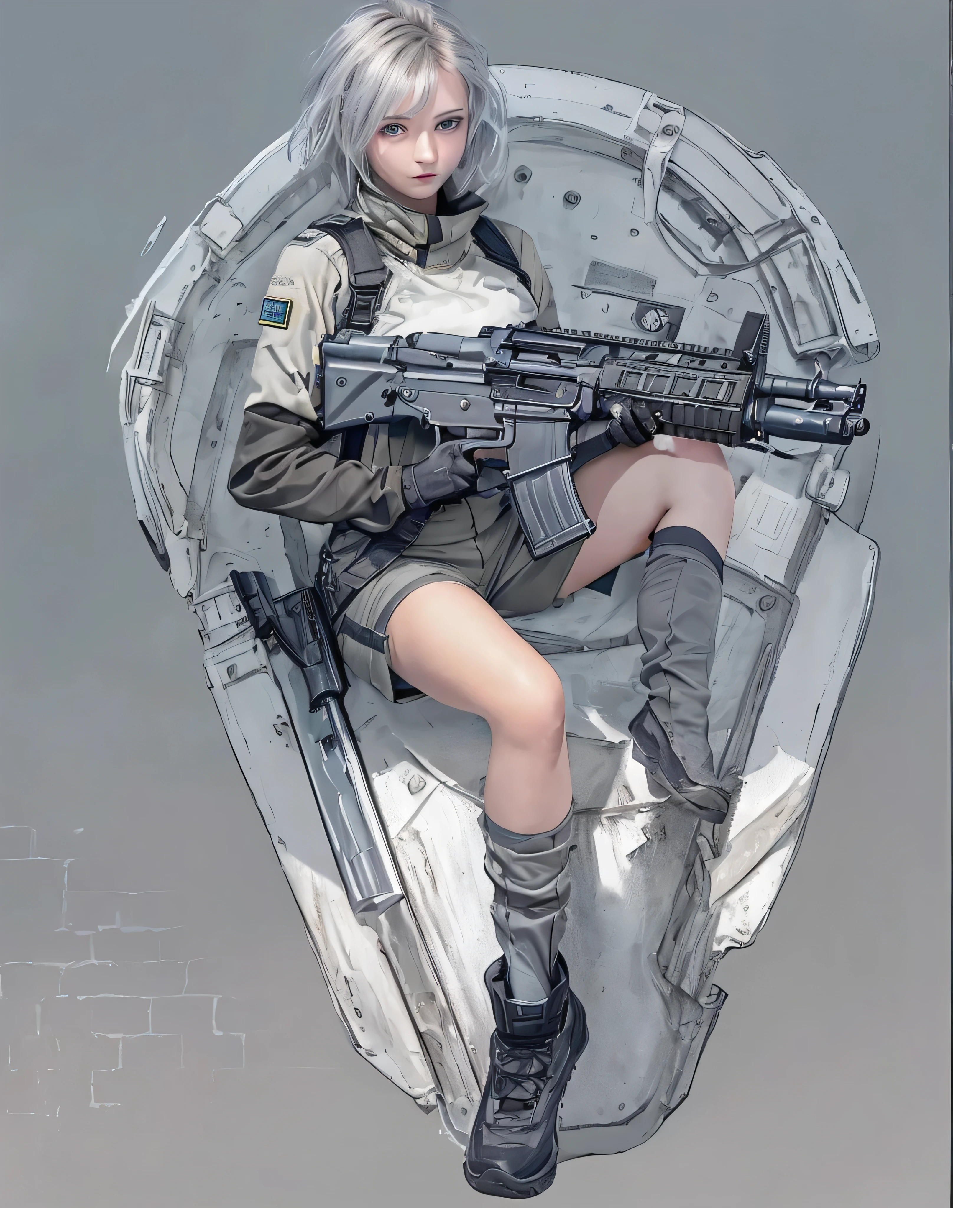 (RAW quality:1.4), Realistic, highest quality:1.3, High resolution, 1 female, , alone, sexy, Hip Up, Beautiful Blue Eyes, (Realistic Face), (boyish, Silver color very short hair), Tight light grey military bodysuit, Assault rifle, jewelry, Portraiture, (Assault rifleを持つ:1.4),