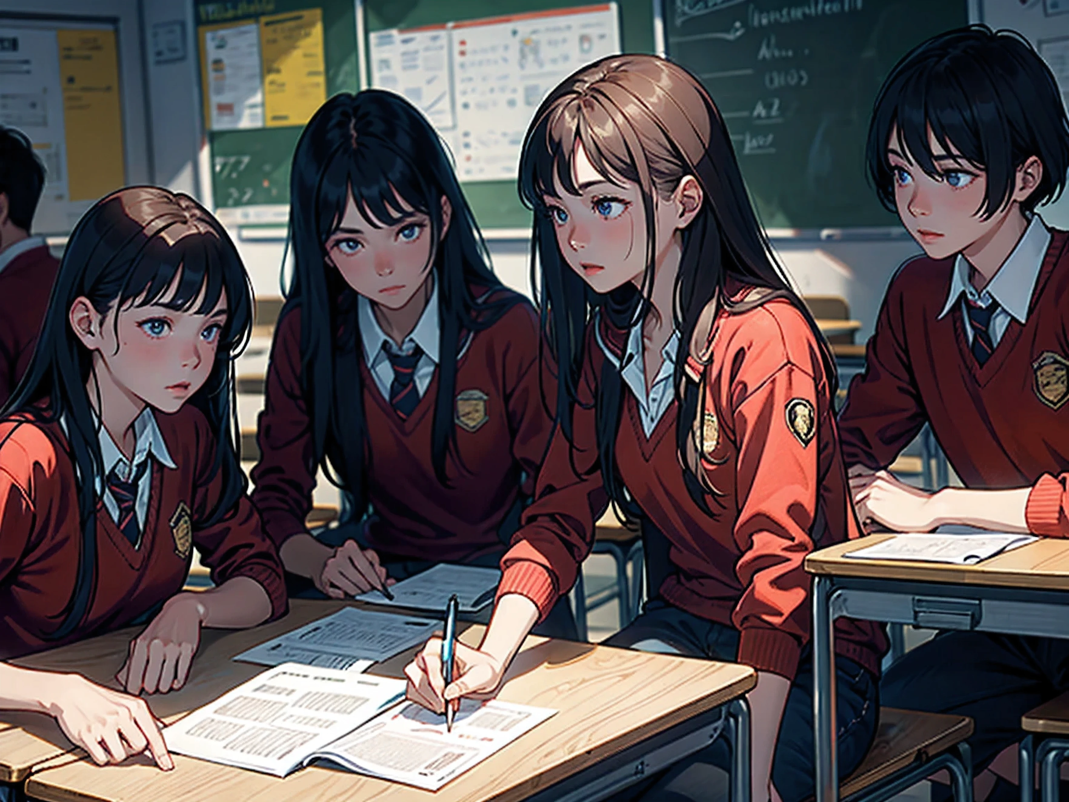A group of students sat in a classroom, both male and female, close up